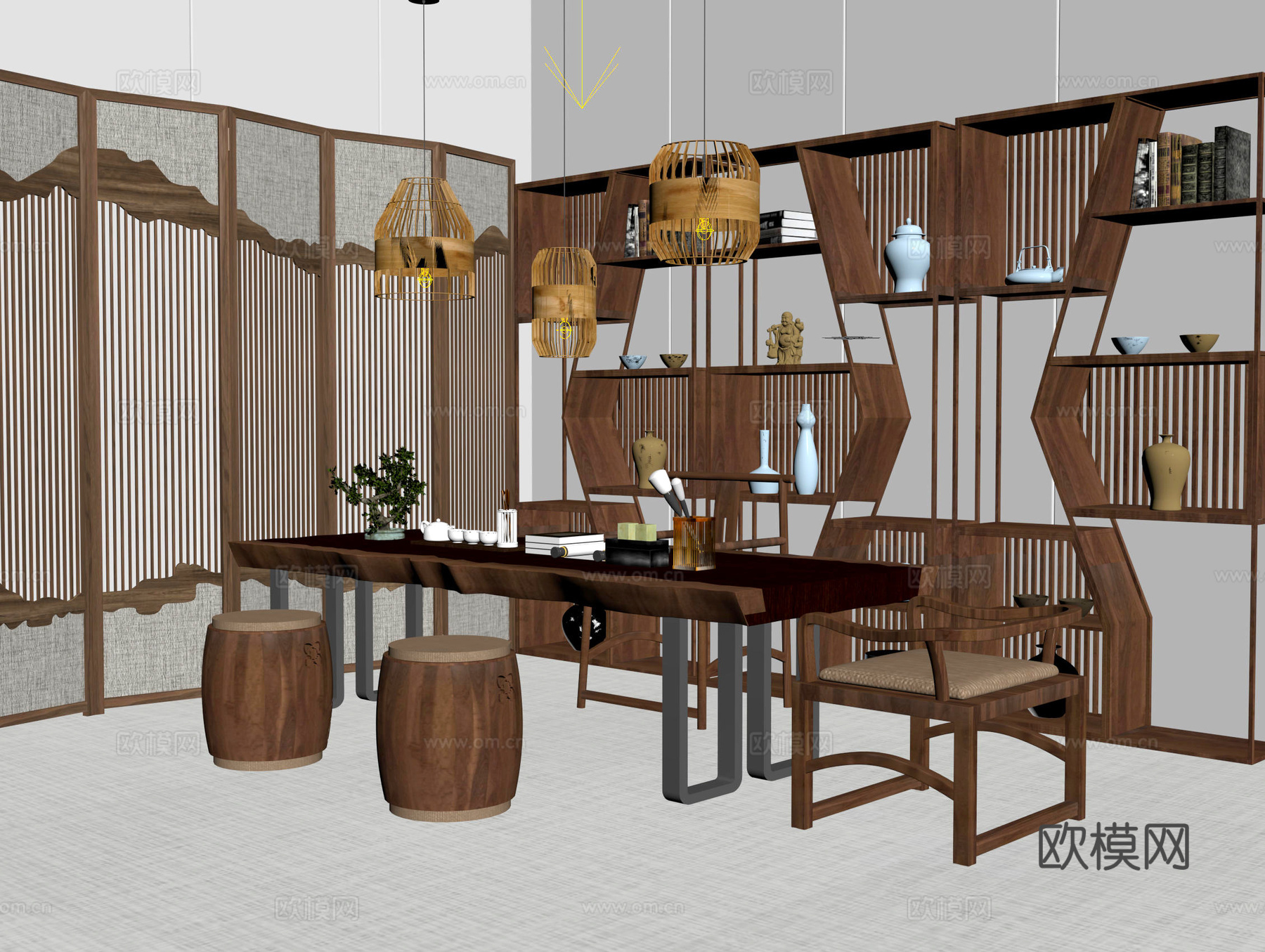 桌椅 茶桌椅 中式 博古架3d模型下载（渲染图2）