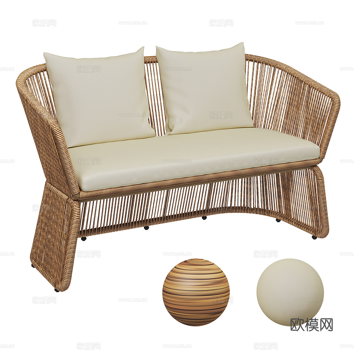新中式侘寂 Saint-Tropez 柳条米色双人沙发3d模型下载（渲染图1）