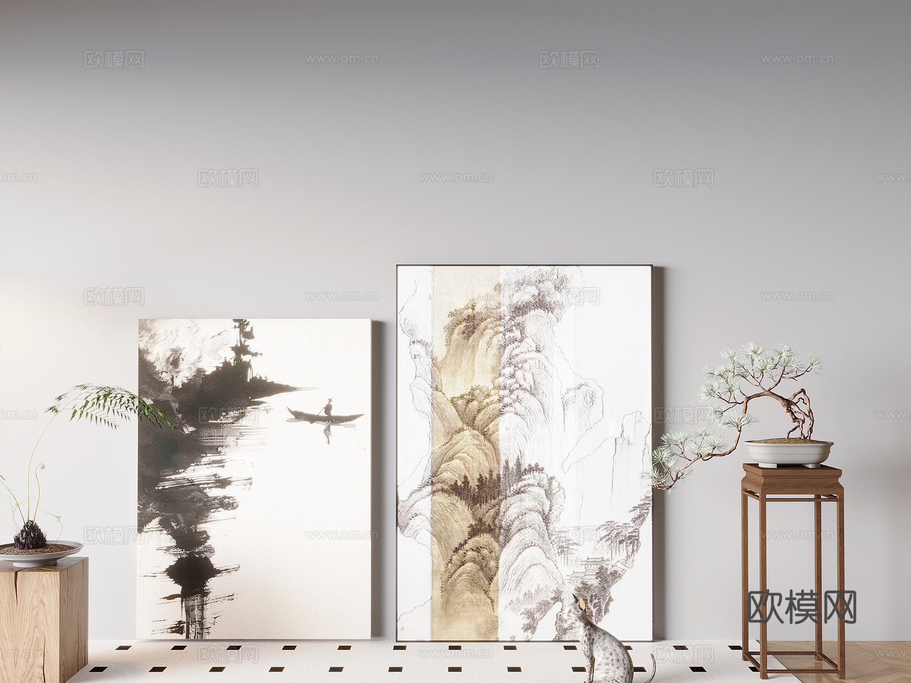 新中式禅意挂画 山水画 花鸟国画 书房挂画 办公室挂画 办公su模型