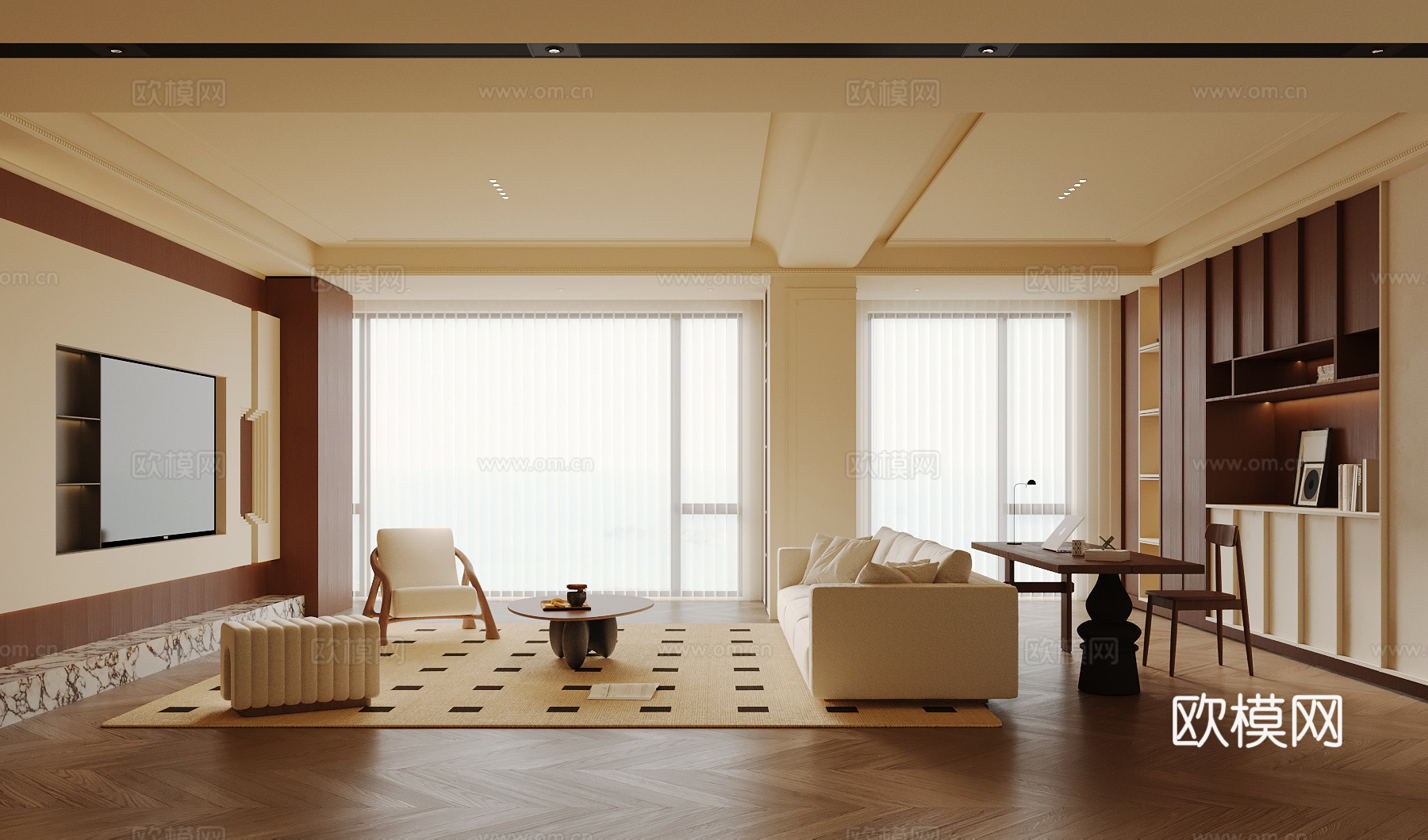 中古风客厅 沙发茶几组合 书桌椅 书柜 电视背景墙su模型