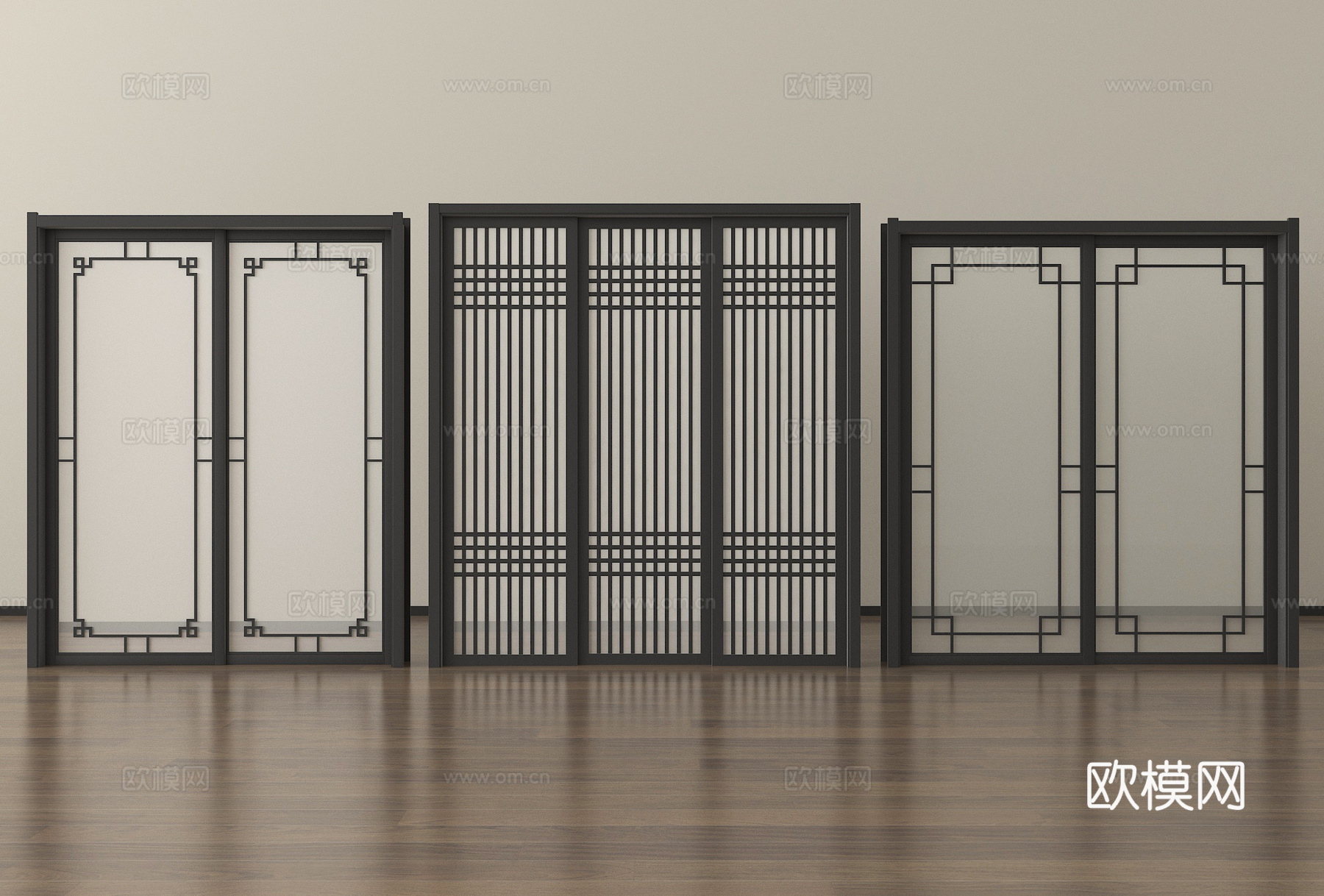 中式推拉门 格栅门 木材su模型su模型