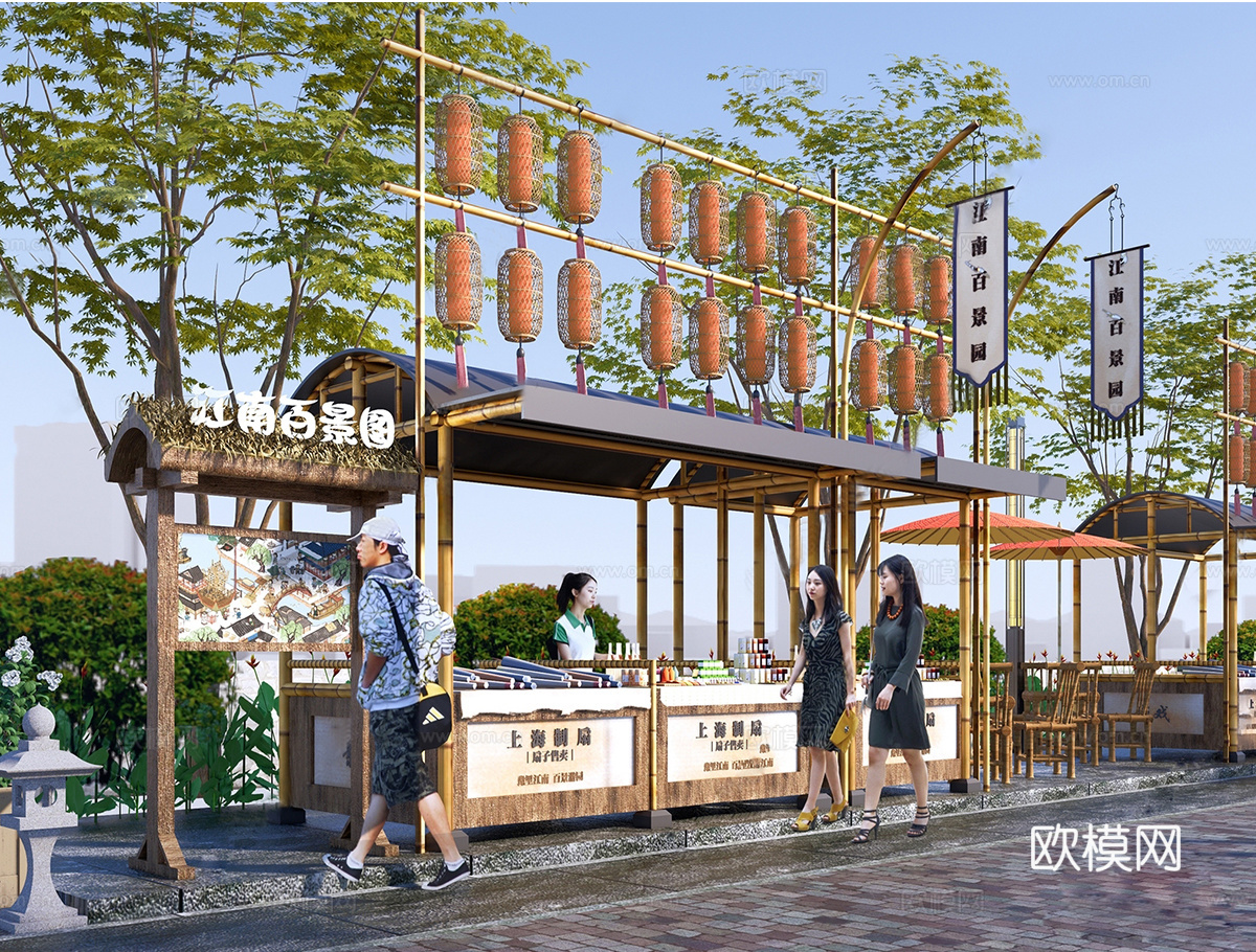 中式摊位 市集 移动摊位 售卖亭su模型