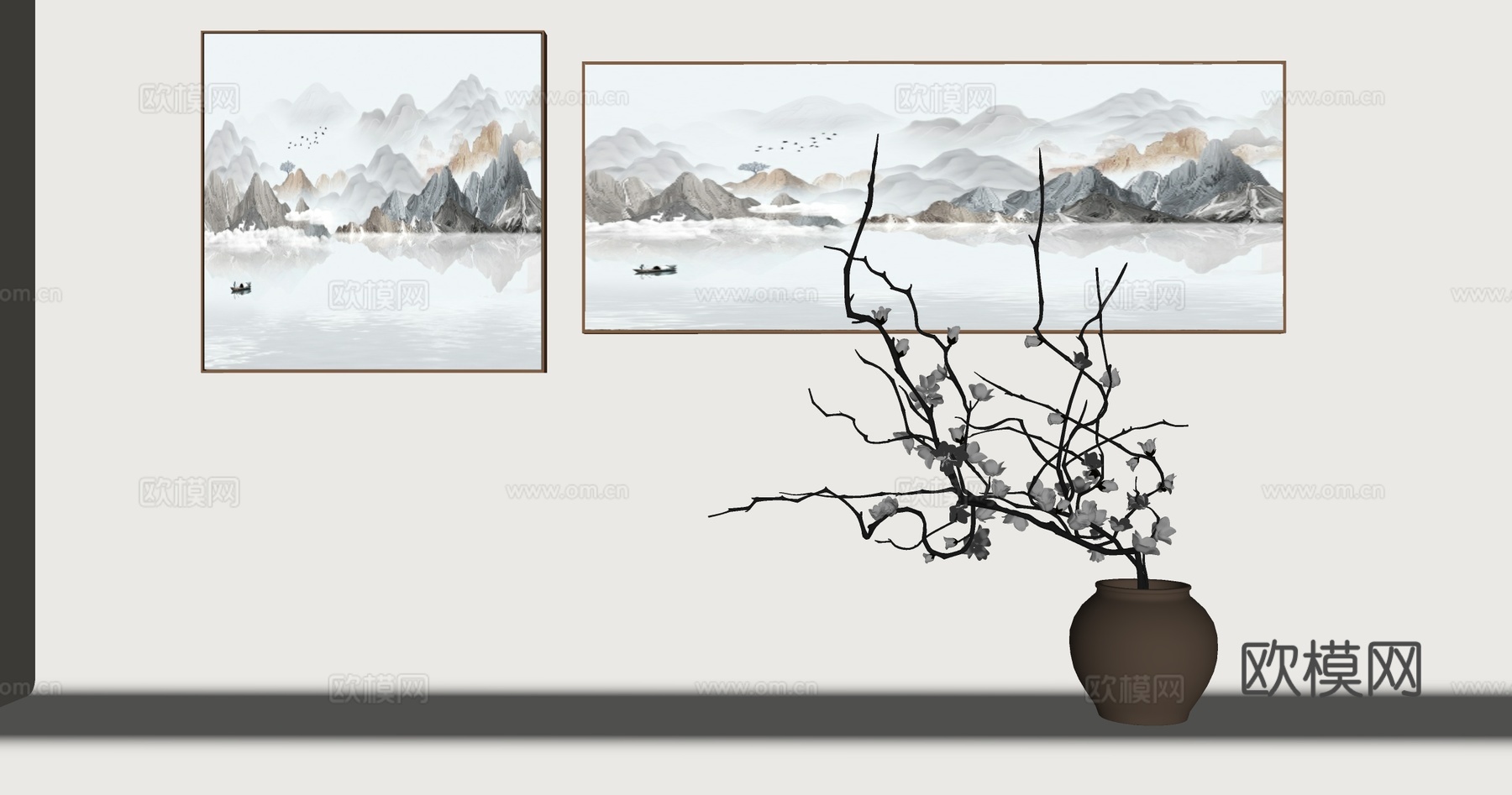 现代新中式挂画 花瓶 画框 办公室挂画 画卷 床头挂画su模型