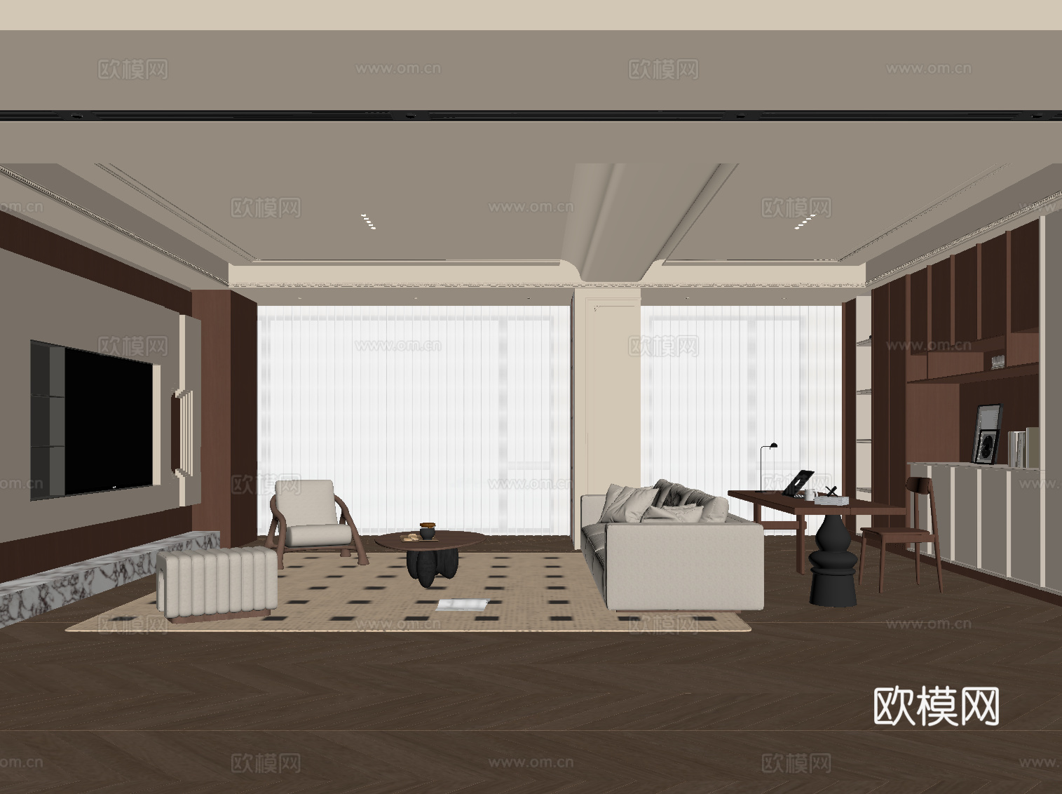 中古风客厅 沙发茶几组合 书桌椅 书柜 电视背景墙su模型