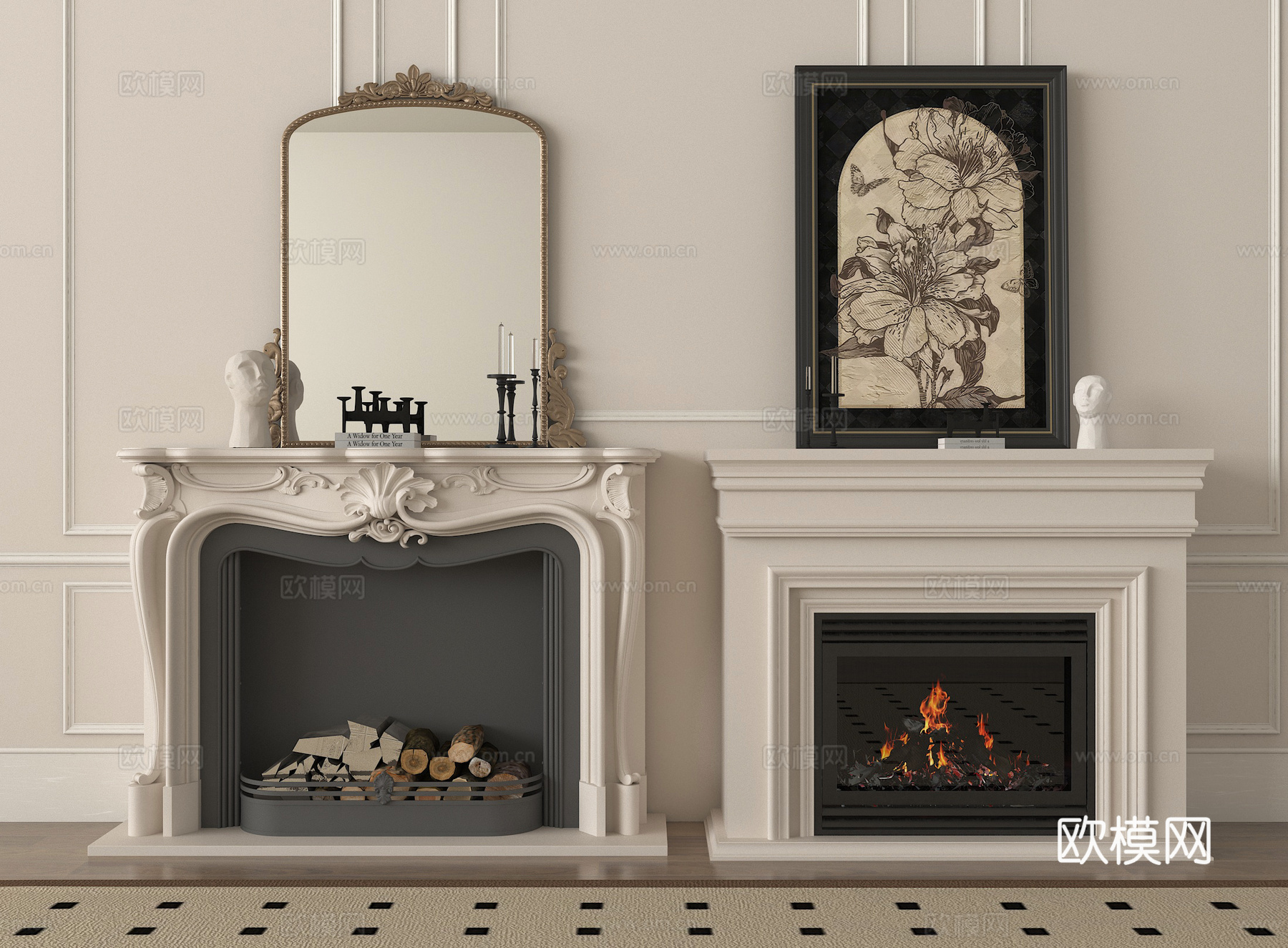 法式壁炉 电子壁炉 柴火堆 火焰 装饰画3d模型下载