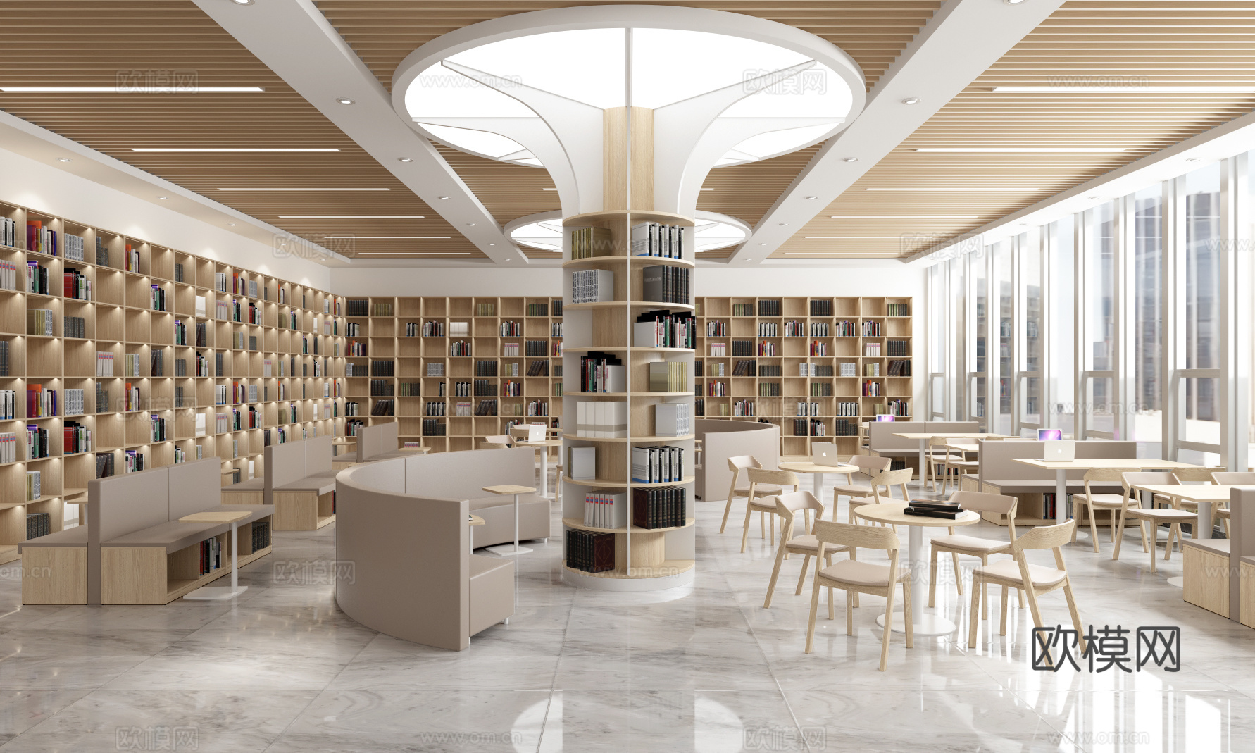 现代 原木风 书吧 阅览室 图书馆 文创书店 自由阅读区3d模型下载