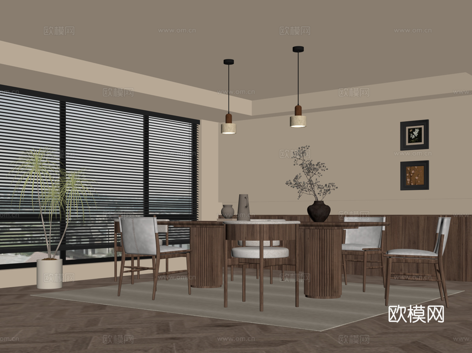 中古风餐厅 餐桌椅 背景墙su模型