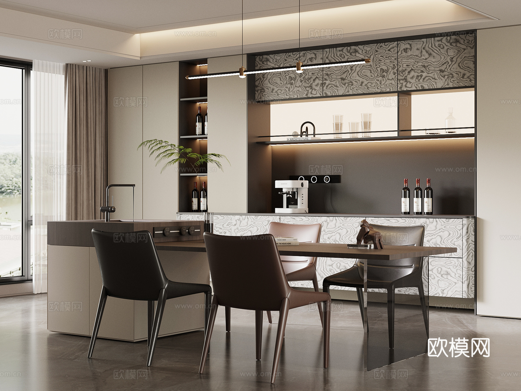 现代餐厅 酒柜 餐桌椅su模型