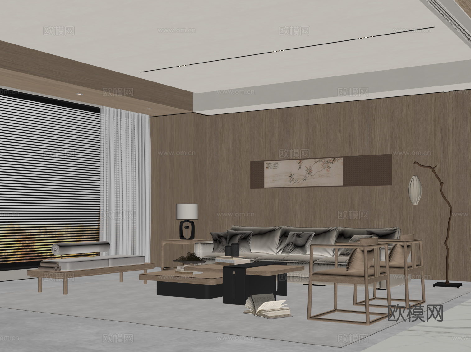 新中式客厅 沙发茶几组合 背景墙su模型