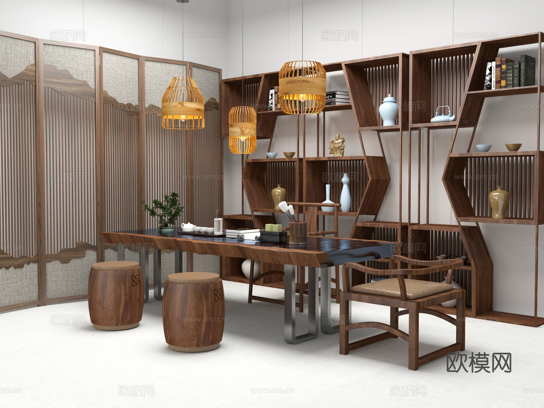 桌椅 茶桌椅 中式 博古架3d模型下载（渲染图1）