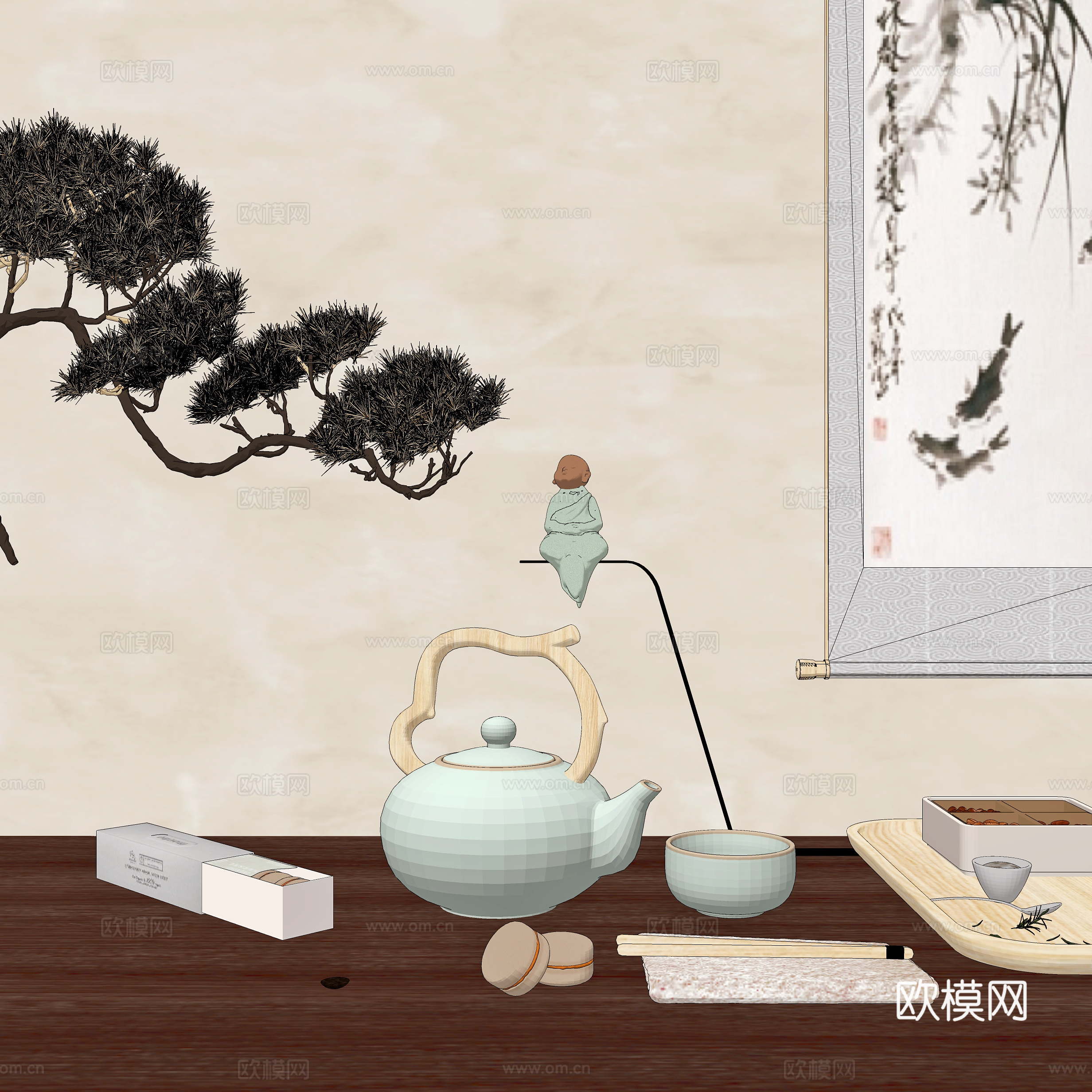 现代茶具摆件 新中式挂画 茶壶su模型