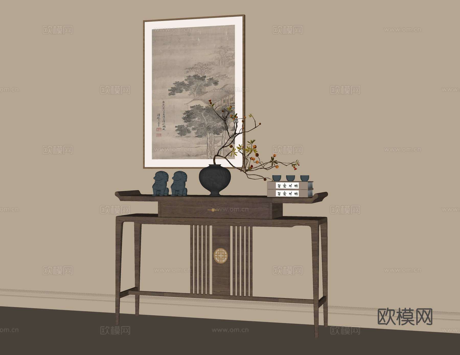 新中式端景台 玄关柜 玄关台su模型