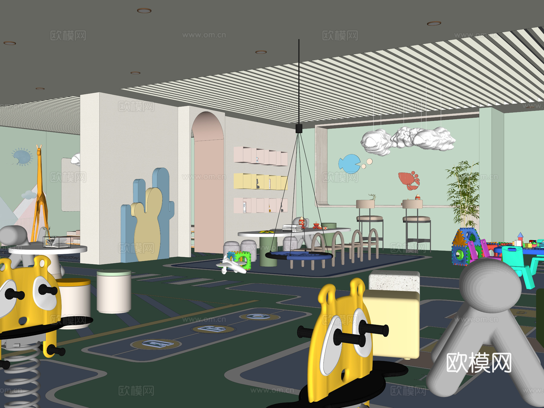 现代室内儿童活动空间 儿童桌椅 儿童休闲区 儿童桌椅su模型