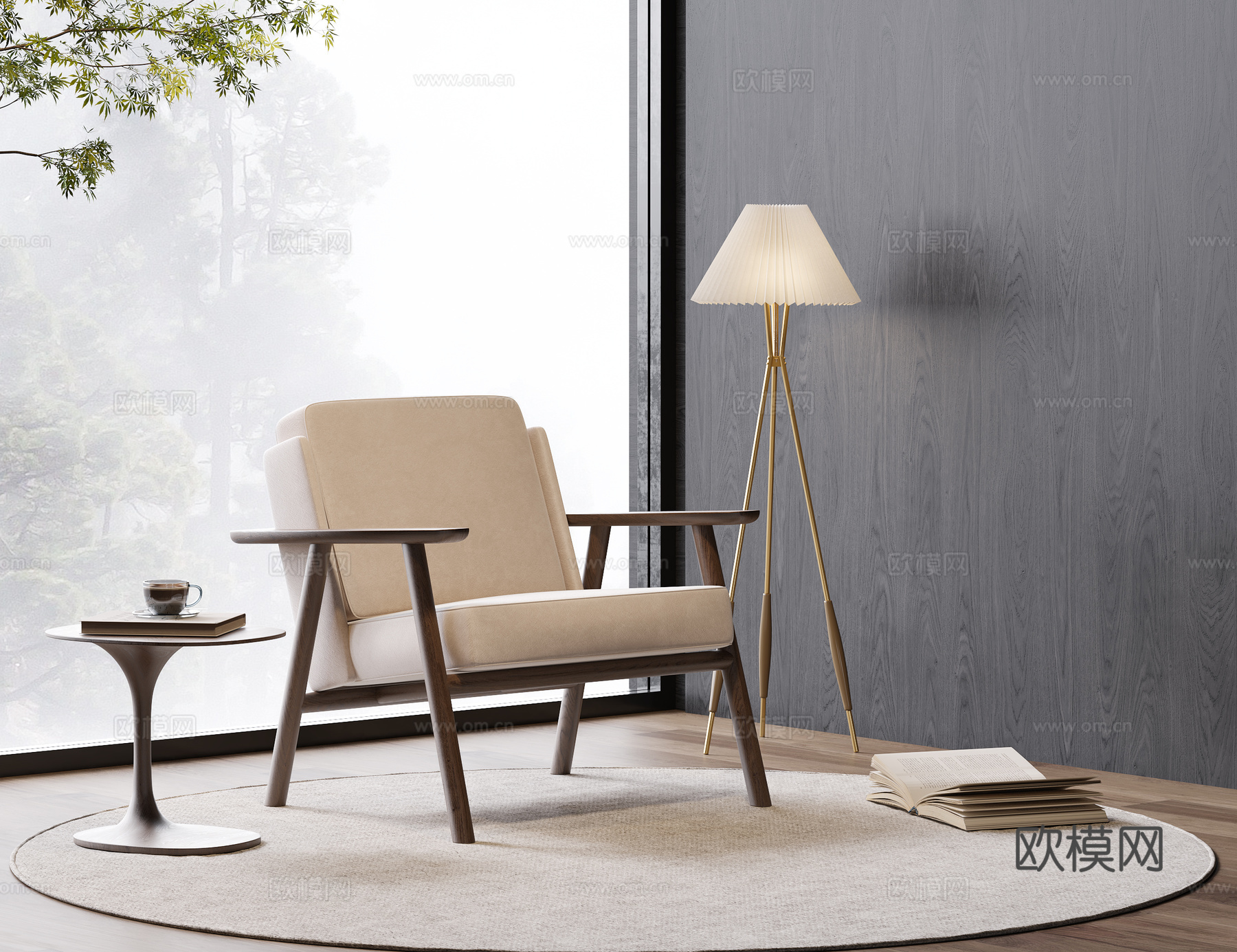 中古复古休闲椅 实木 布艺su模型