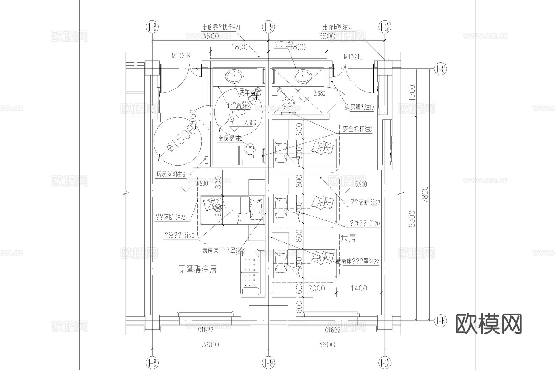 医院 病房 VIP病房 ICU 无障碍病房 单人间病房cad施工图