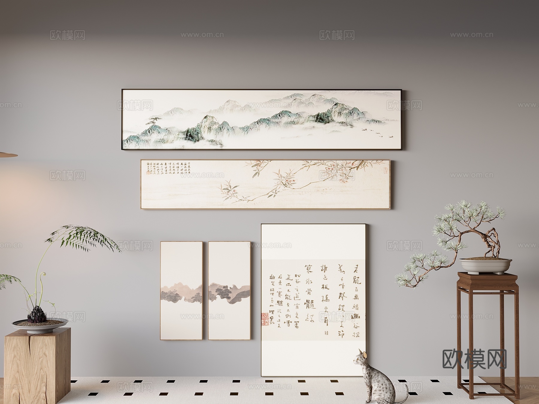 新中式禅意挂画 山水画 花鸟国画 书房挂画 办公室挂画 办公su模型