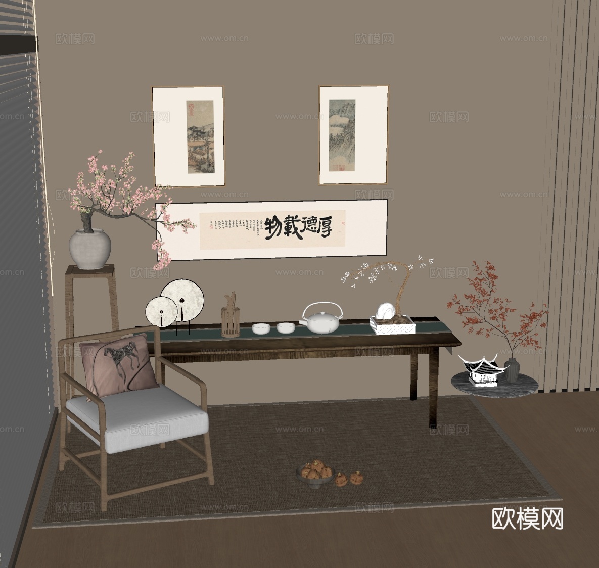 新中式禅意挂画 山水画 花鸟国画 书房挂画 办公室挂画 办公su模型