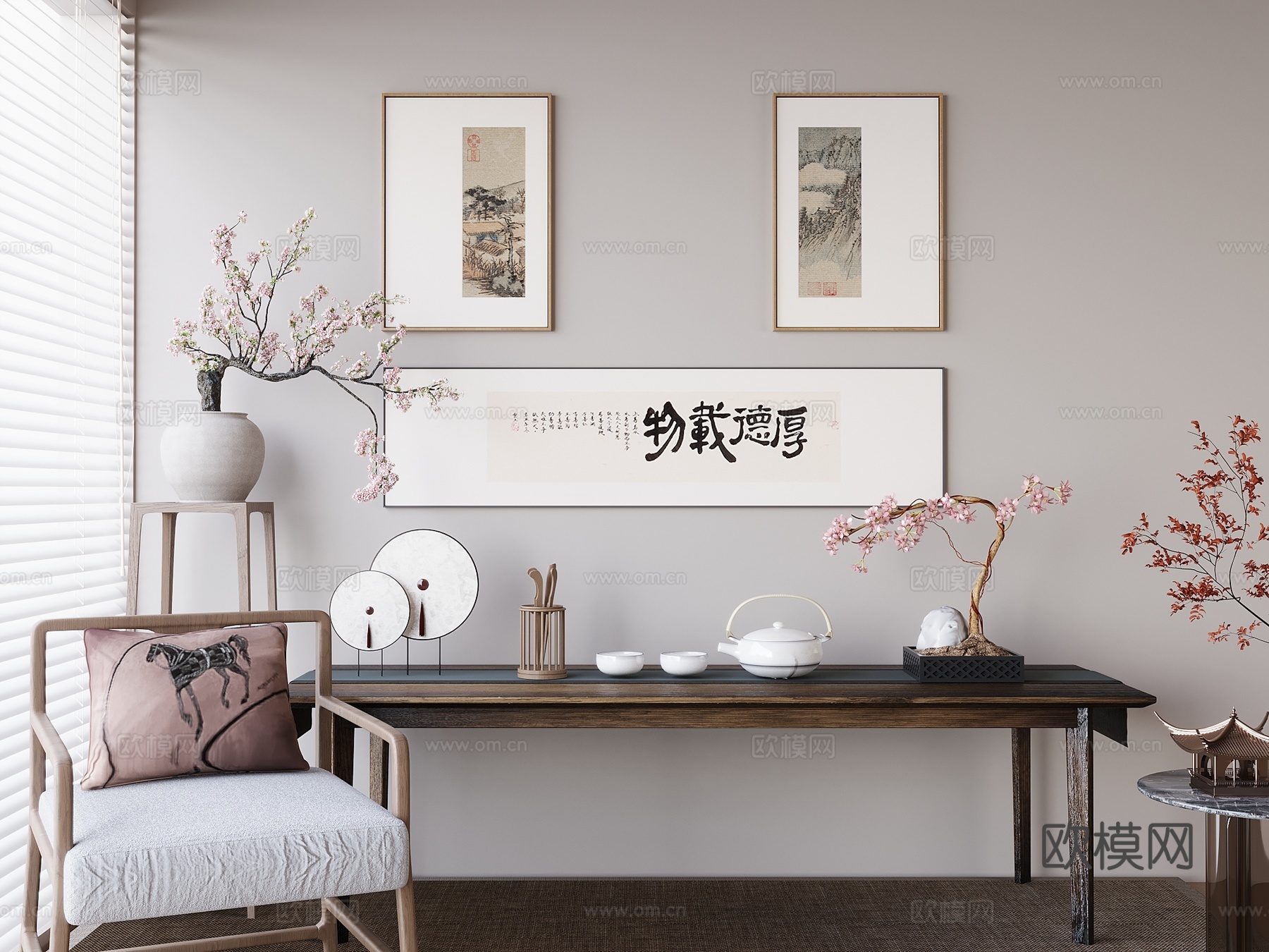 新中式禅意挂画 山水画 花鸟国画 书房挂画 办公室挂画 办公su模型