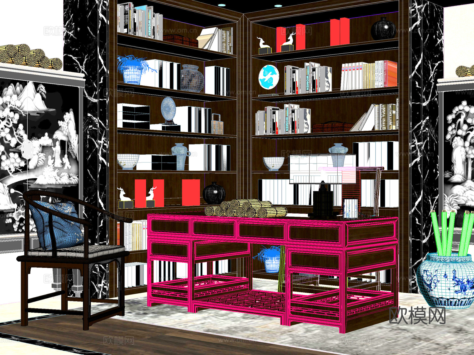 桌椅 洽谈桌椅 书架 博古架3d模型下载（渲染图2）
