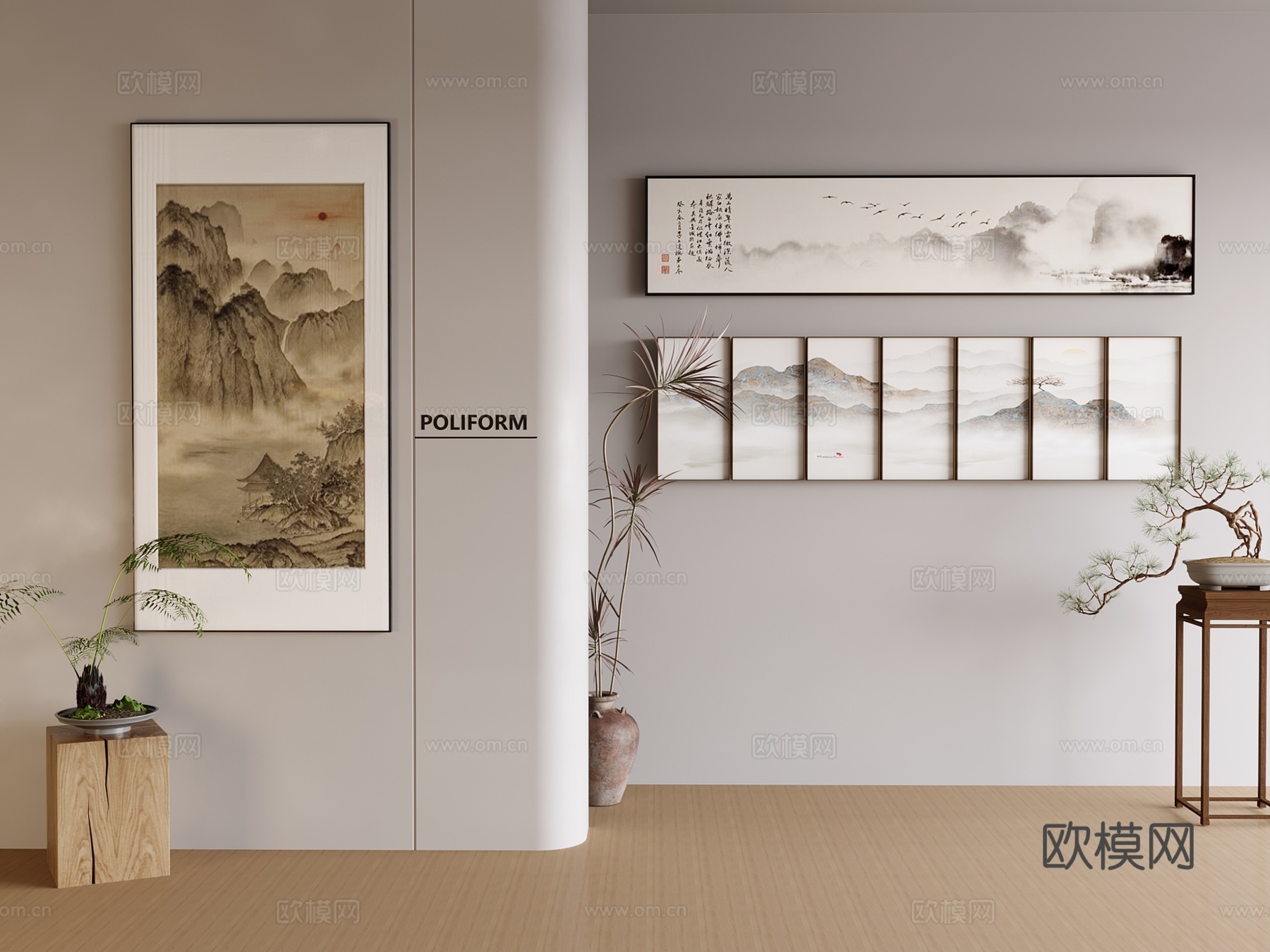 新中式禅意挂画 山水画 花鸟国画 书房挂画 办公室挂画 办公su模型