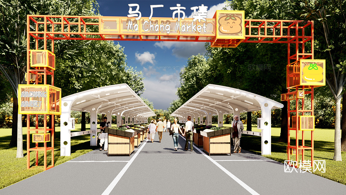 商业摊位 网红摊位 地摊  现代集市摊位 菜市场su模型