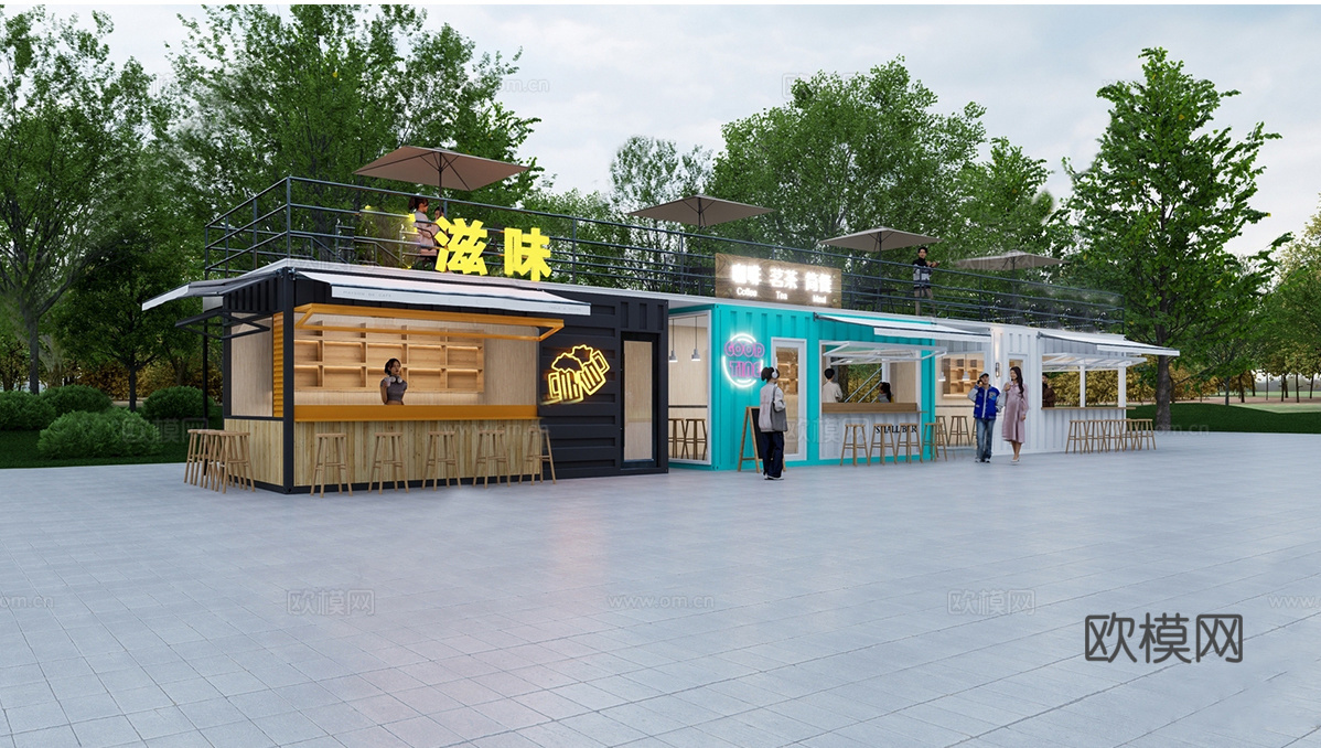 商业摊位 网红摊位 地摊  现代集装箱小酒吧 甜品店su模型