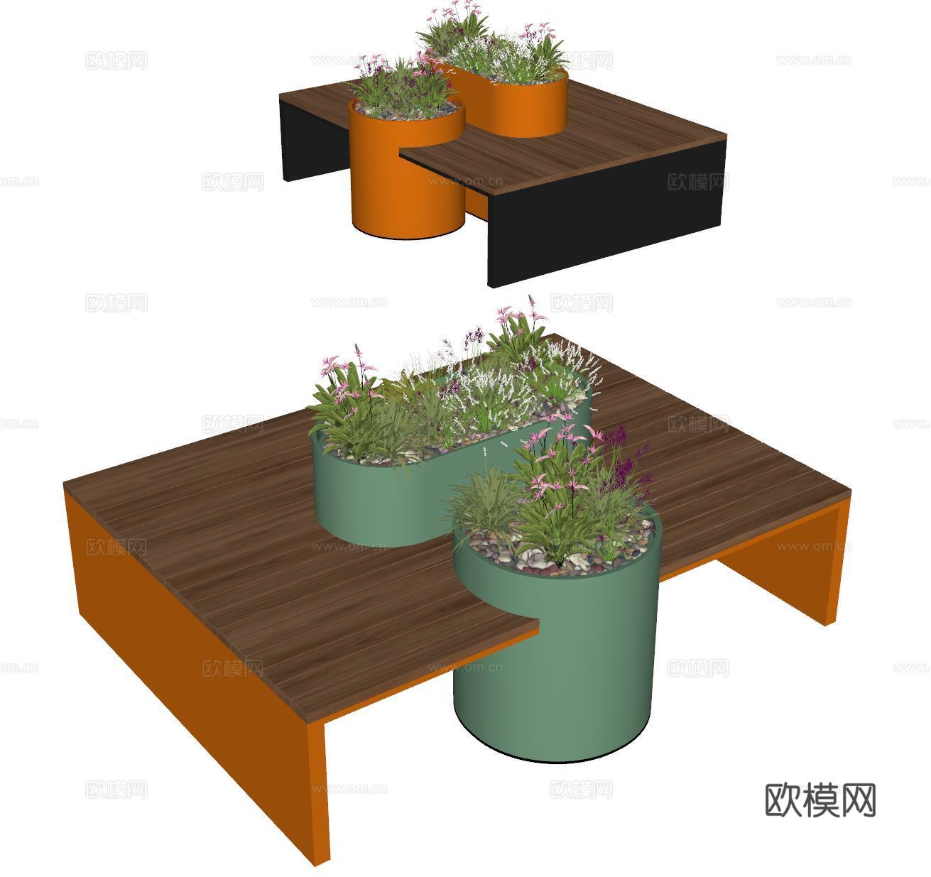 现代户外卡座 商业卡座 花箱su模型