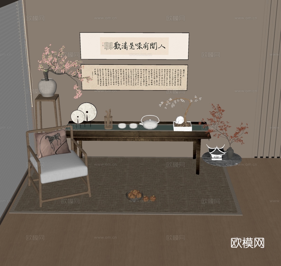 新中式禅意挂画 山水画 花鸟国画 书房挂画 办公室挂画 办公su模型