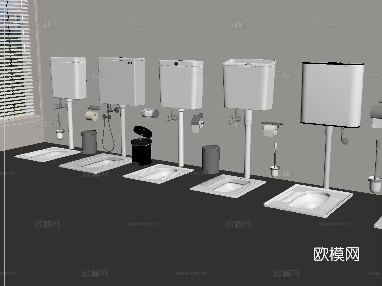 现代蹲便器 冲水箱 蹲厕 垃圾桶 厕纸盒su模型
