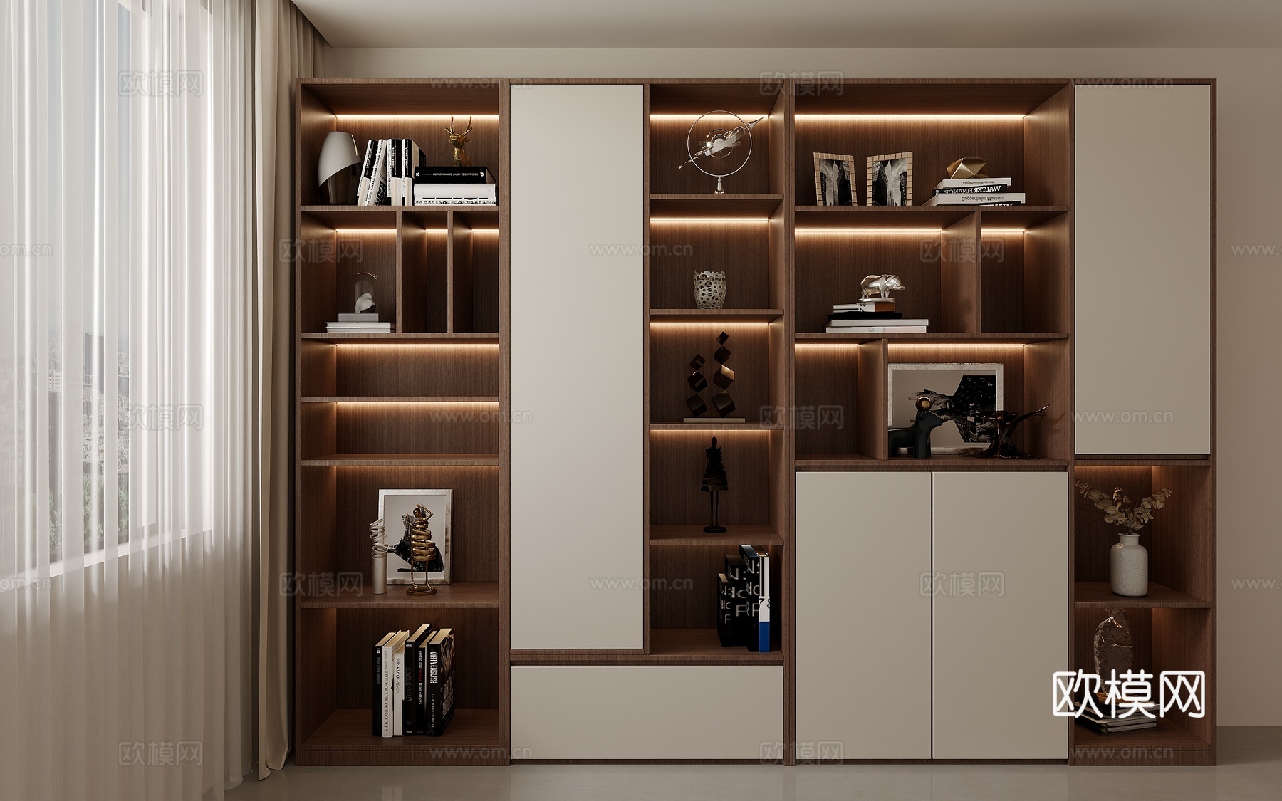 现代简约去客厅化展示柜落地书柜收纳储物书架中古风置物架高柜3d模型下载