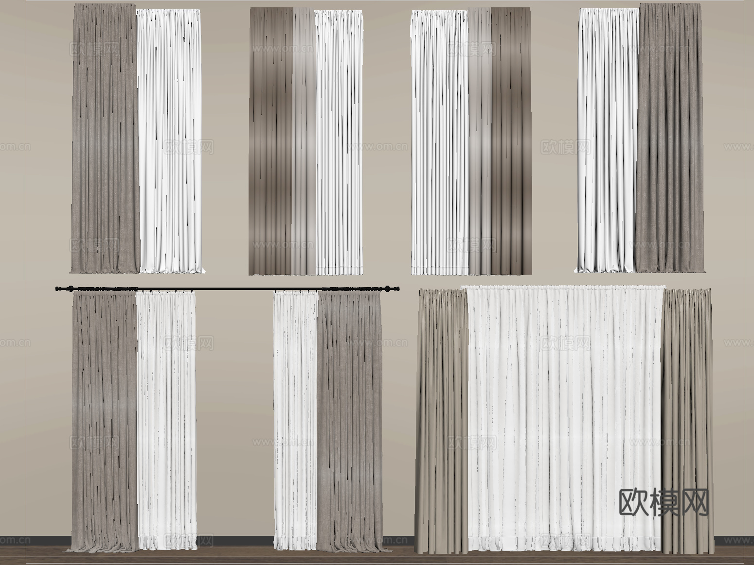 现代窗帘 布艺窗帘 纱帘 褶帘su模型