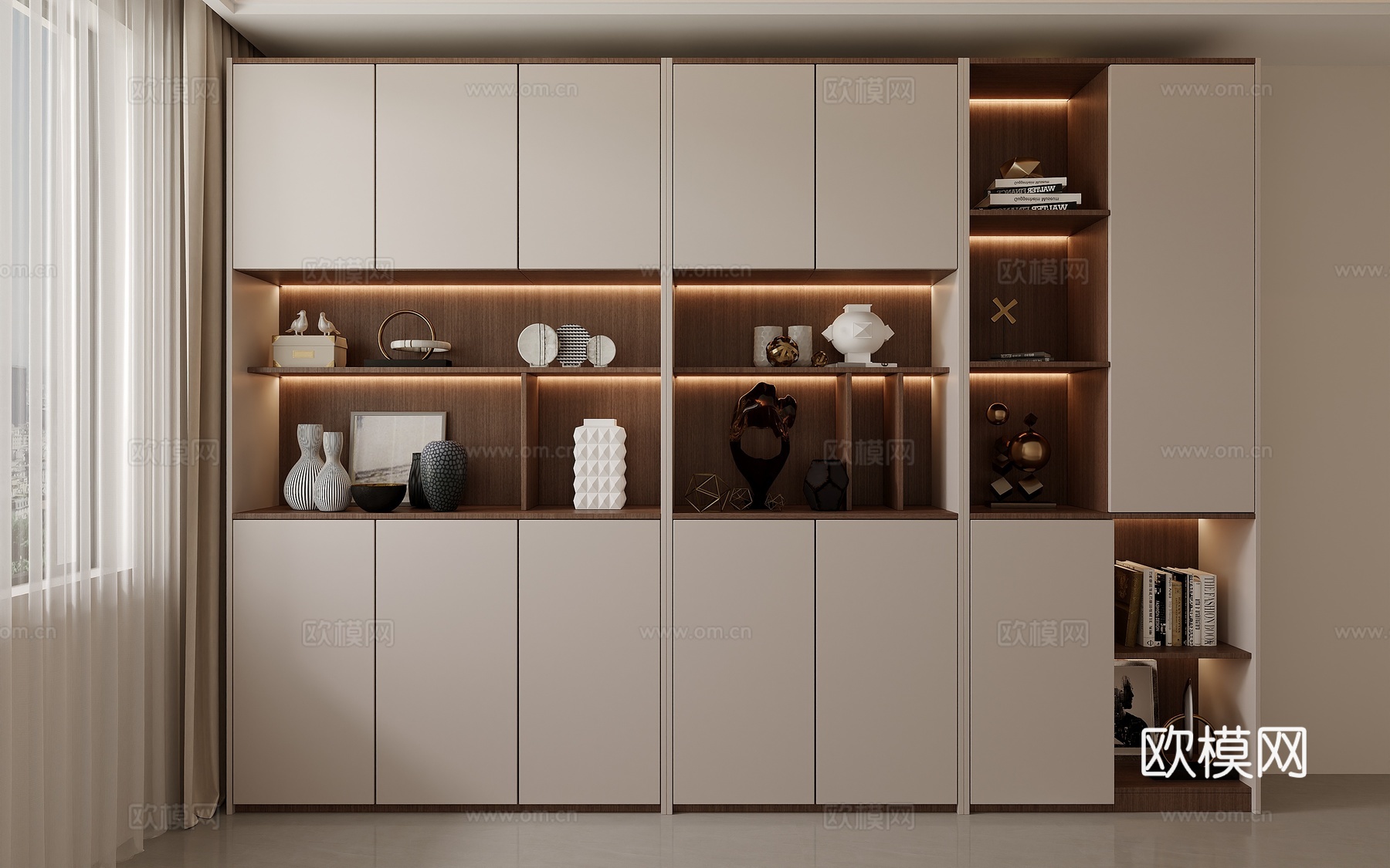 现代简约去客厅化展示柜落地书柜收纳储物书架中古风置物架高柜3d模型下载