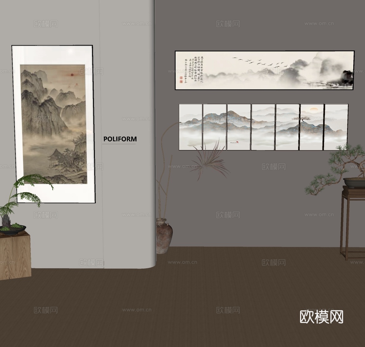 新中式禅意挂画 山水画 花鸟国画 书房挂画 办公室挂画 办公su模型
