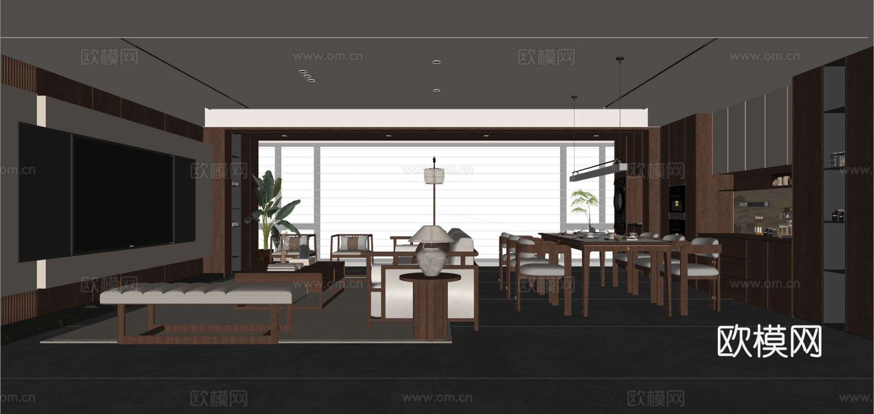 新中式宋式风客餐厅 沙发茶几 餐桌椅 电视背景墙 餐边柜su模型