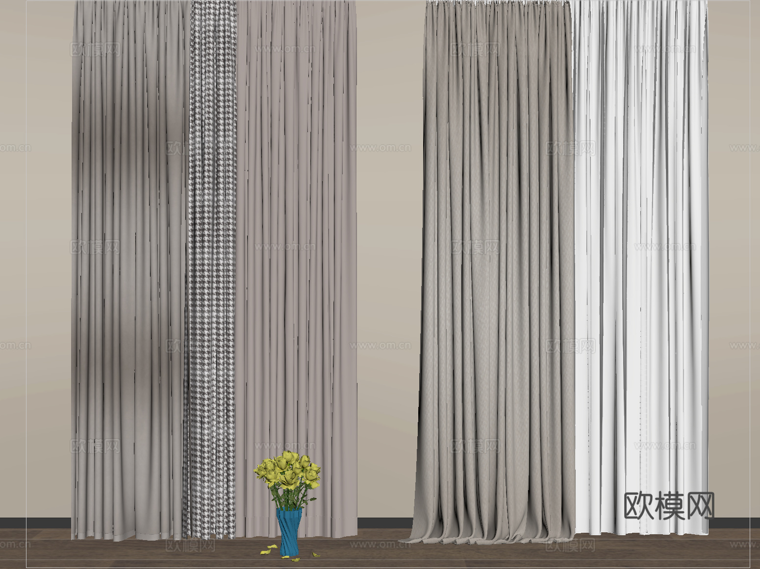 现代窗帘 布艺窗帘 纱帘 褶帘su模型
