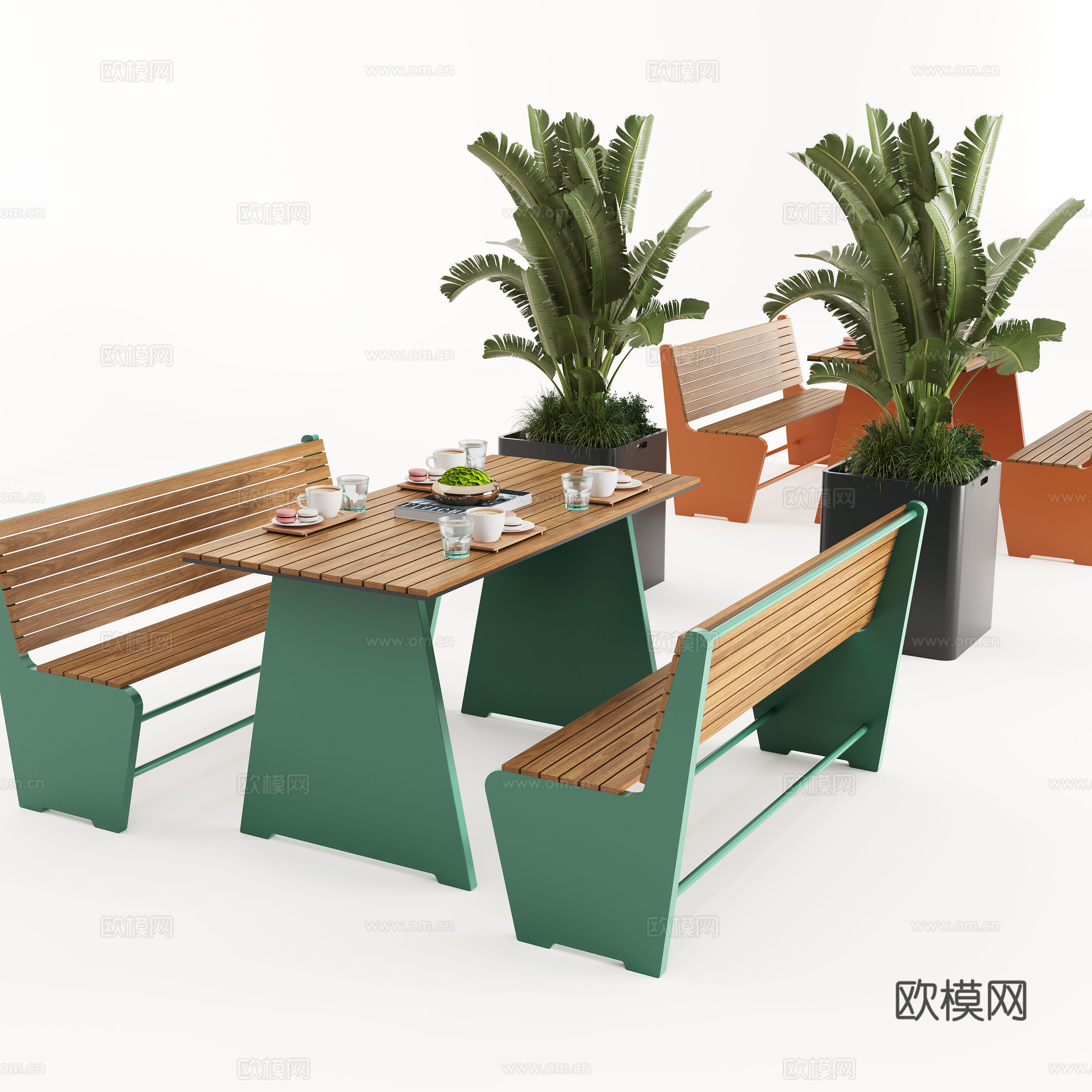 现代户外休息凳 户外椅 户外长椅组合 休闲异形座椅 花箱su模型