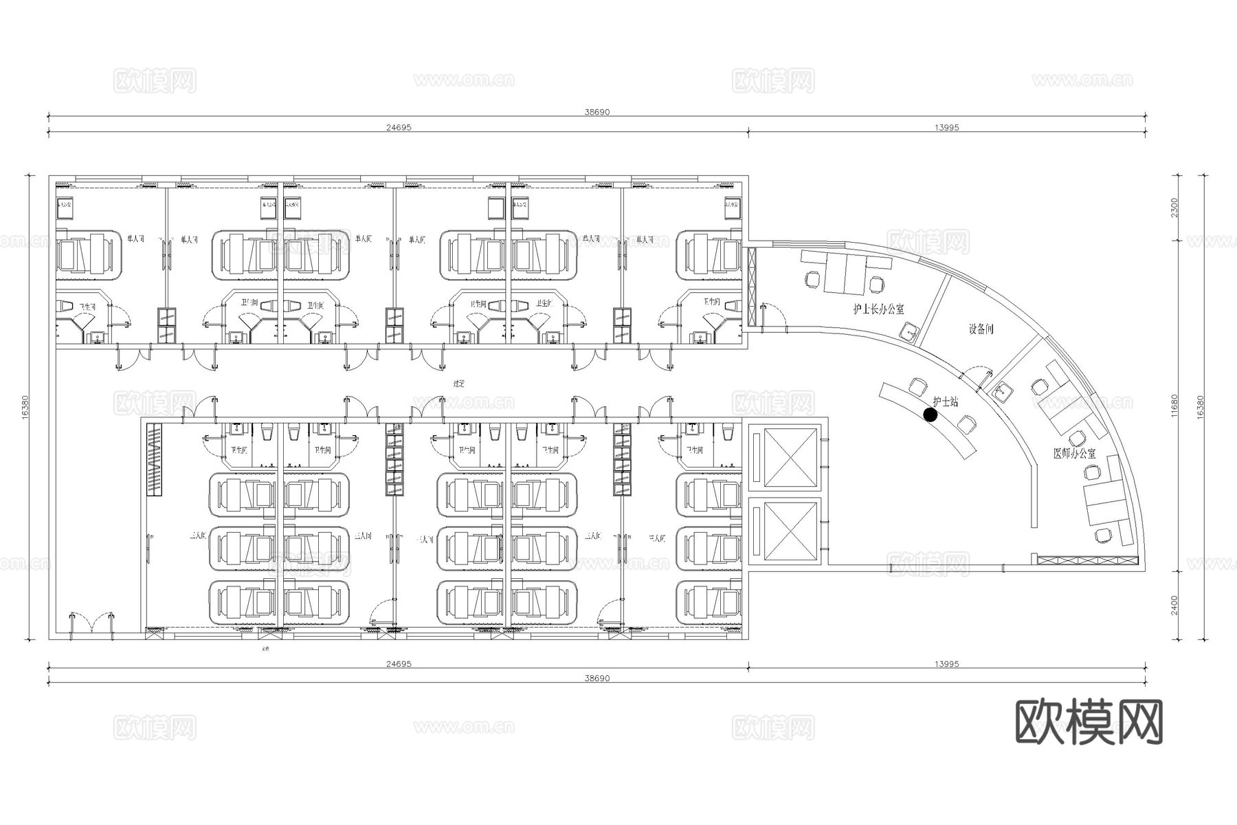 医院 病房 VIP病房 ICU 无障碍病房 单人间病房cad施工图