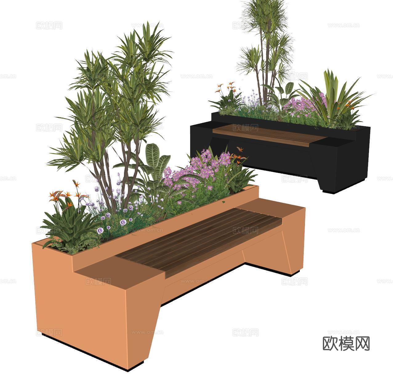 现代户外卡座 商业卡座 花箱su模型