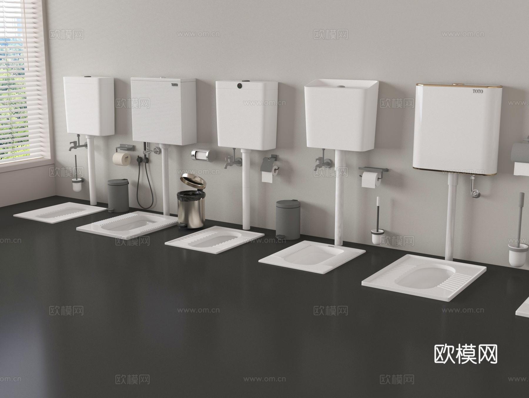 现代蹲便器 冲水箱 蹲厕 垃圾桶 厕纸盒su模型