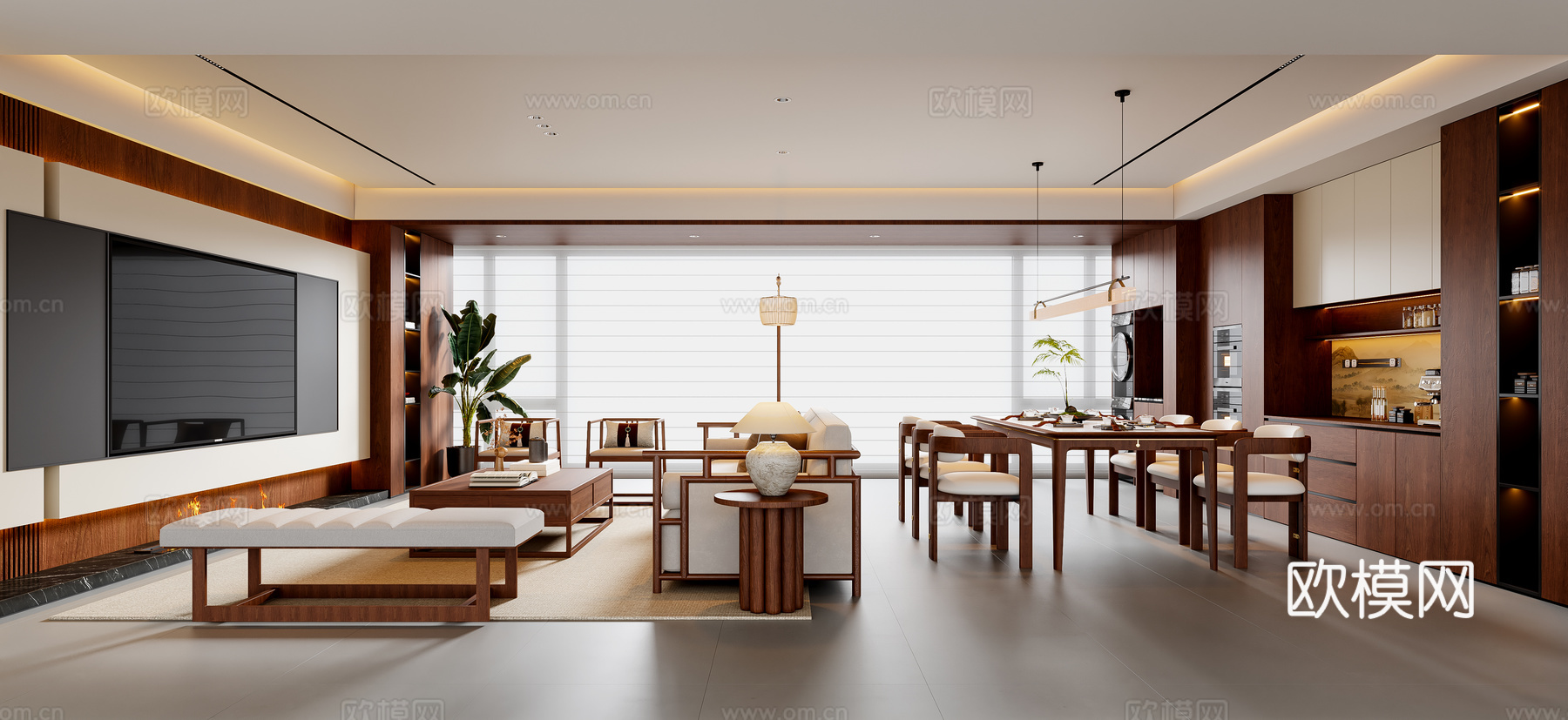 新中式宋式风客餐厅 沙发茶几 餐桌椅 电视背景墙 餐边柜su模型