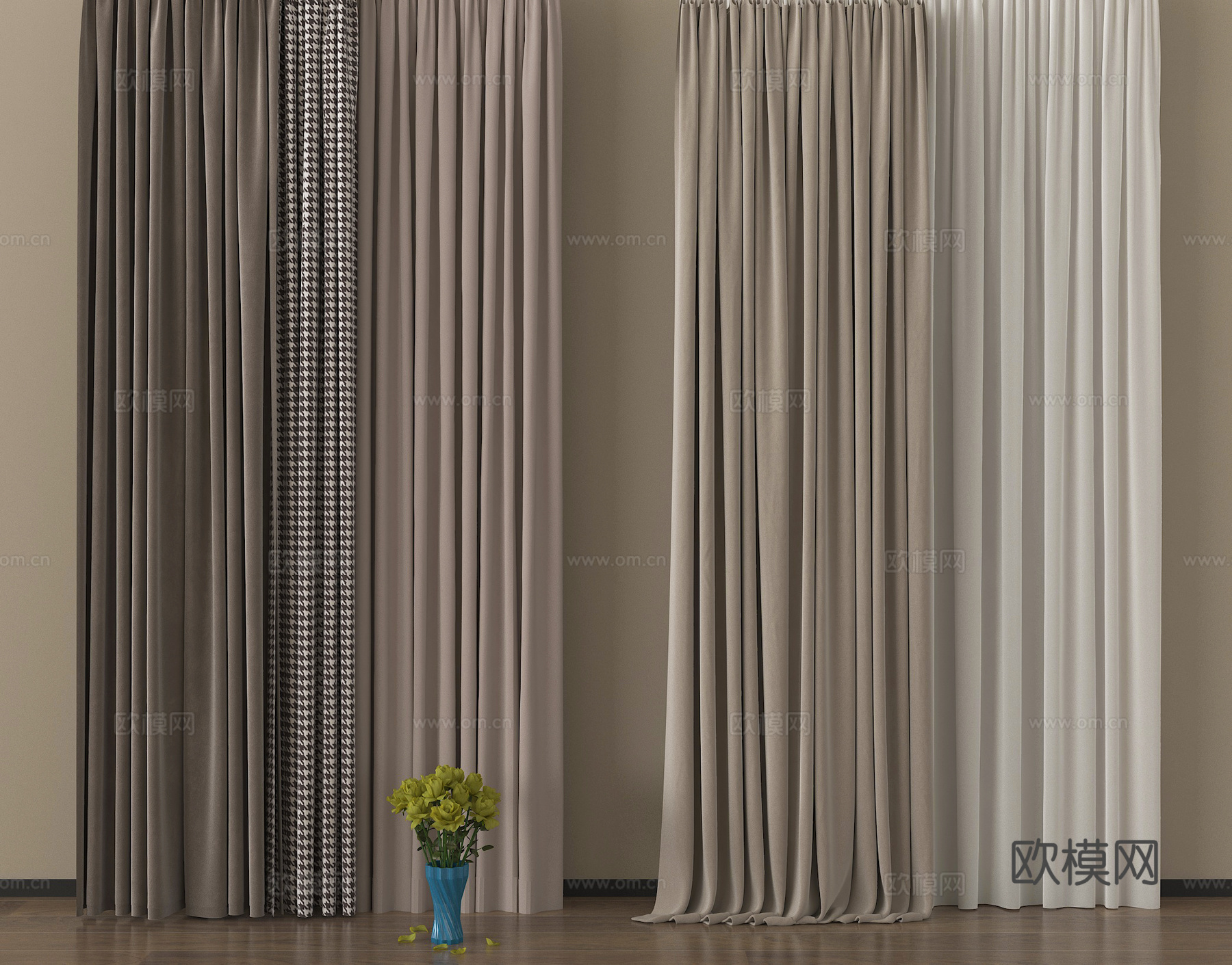 现代窗帘 布艺窗帘 纱帘 褶帘su模型