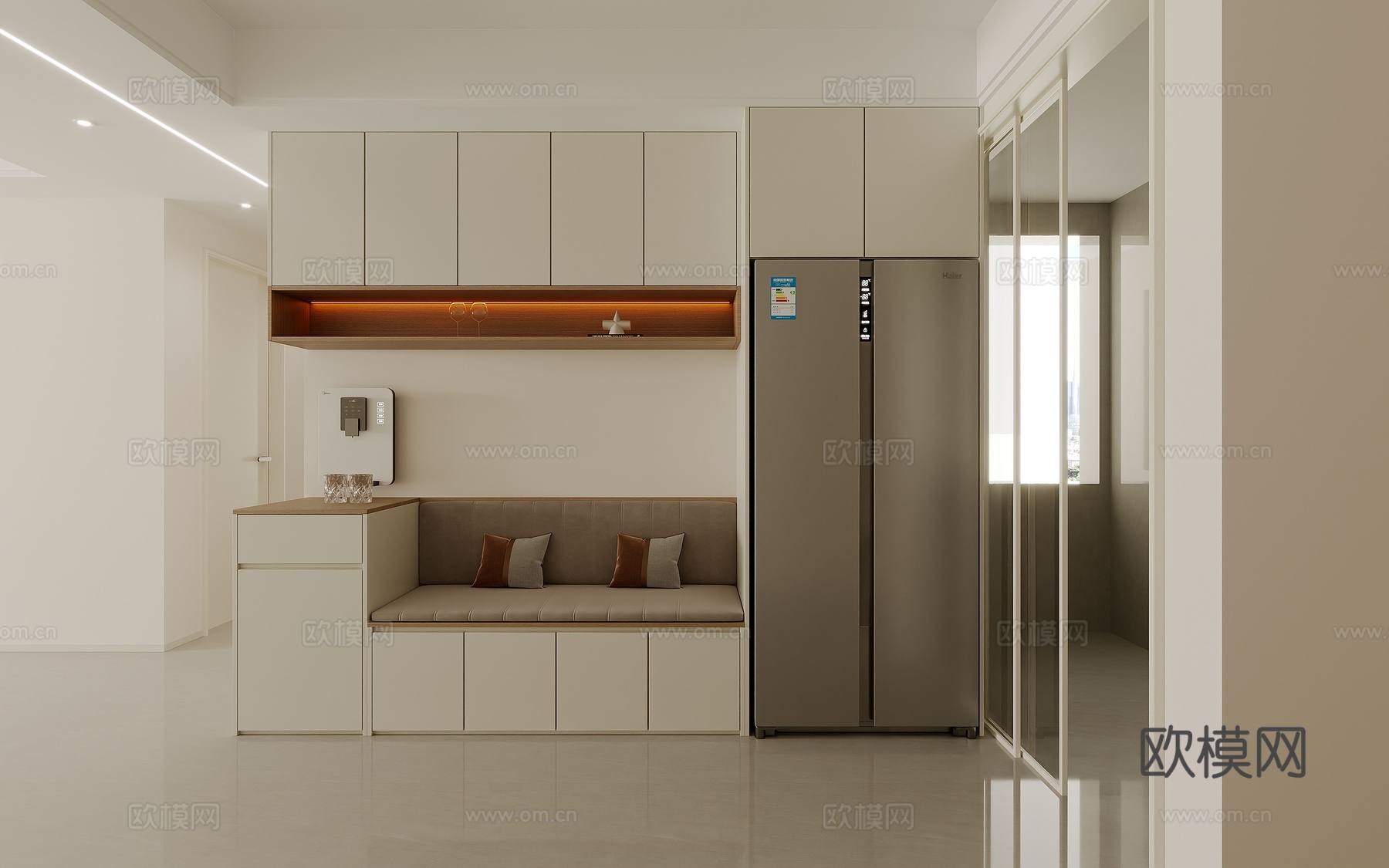 现代简约奶油风餐厅卡座冰箱柜餐边柜一体酒柜3d模型下载