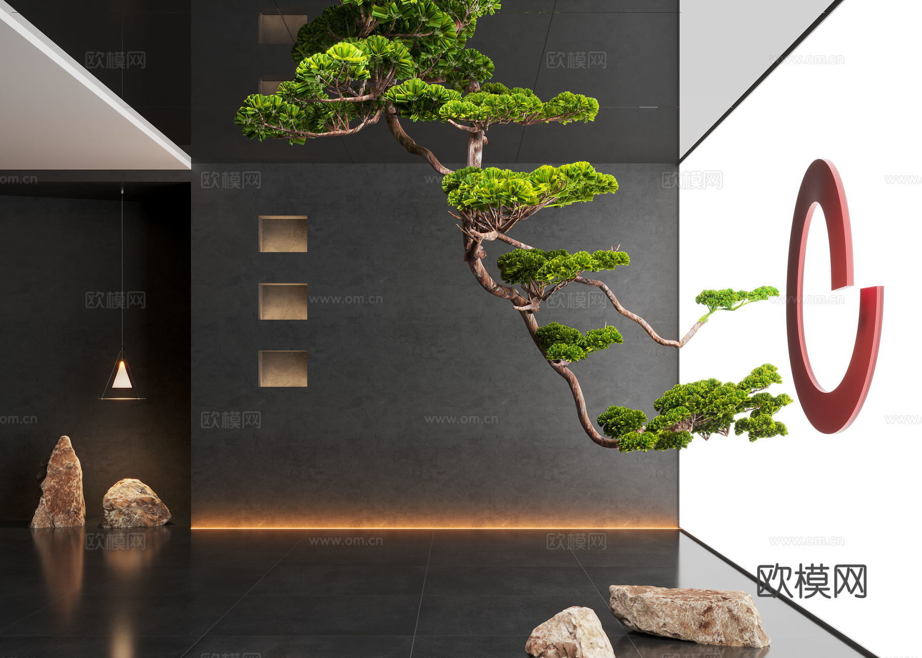 现代室内景观造景 倒挂松树 景观造景 景观石3d模型下载