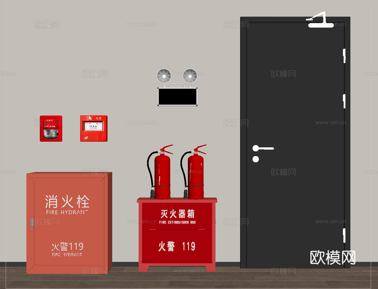 现代消防门 防火门 安全出口 消防栓 灭火器 应急感应灯su模型