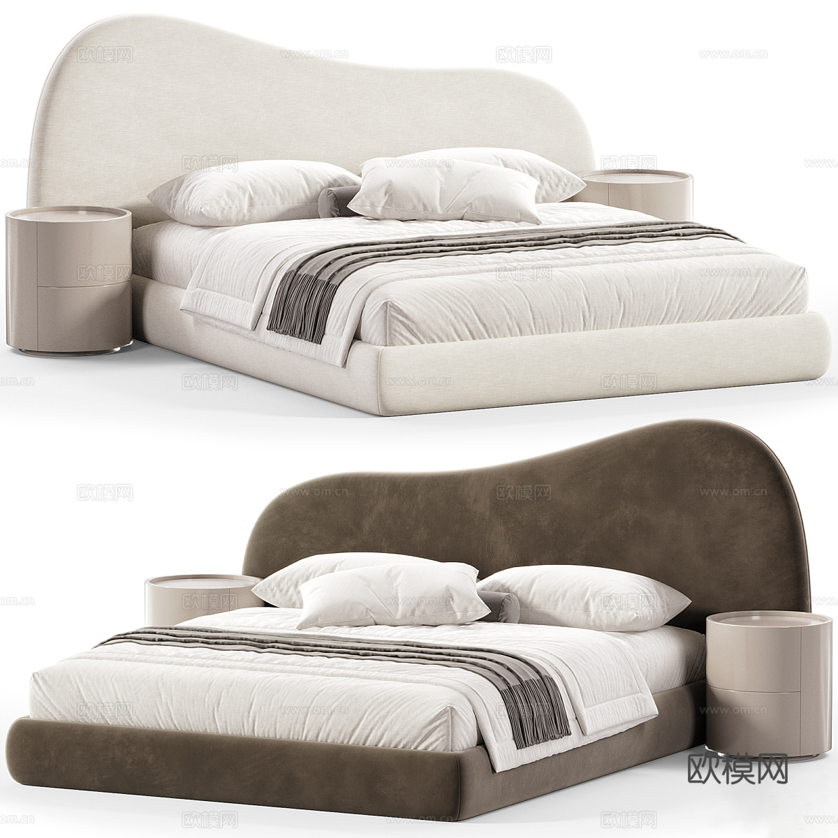 现代奶油风布艺双人床3d模型下载（渲染图1）