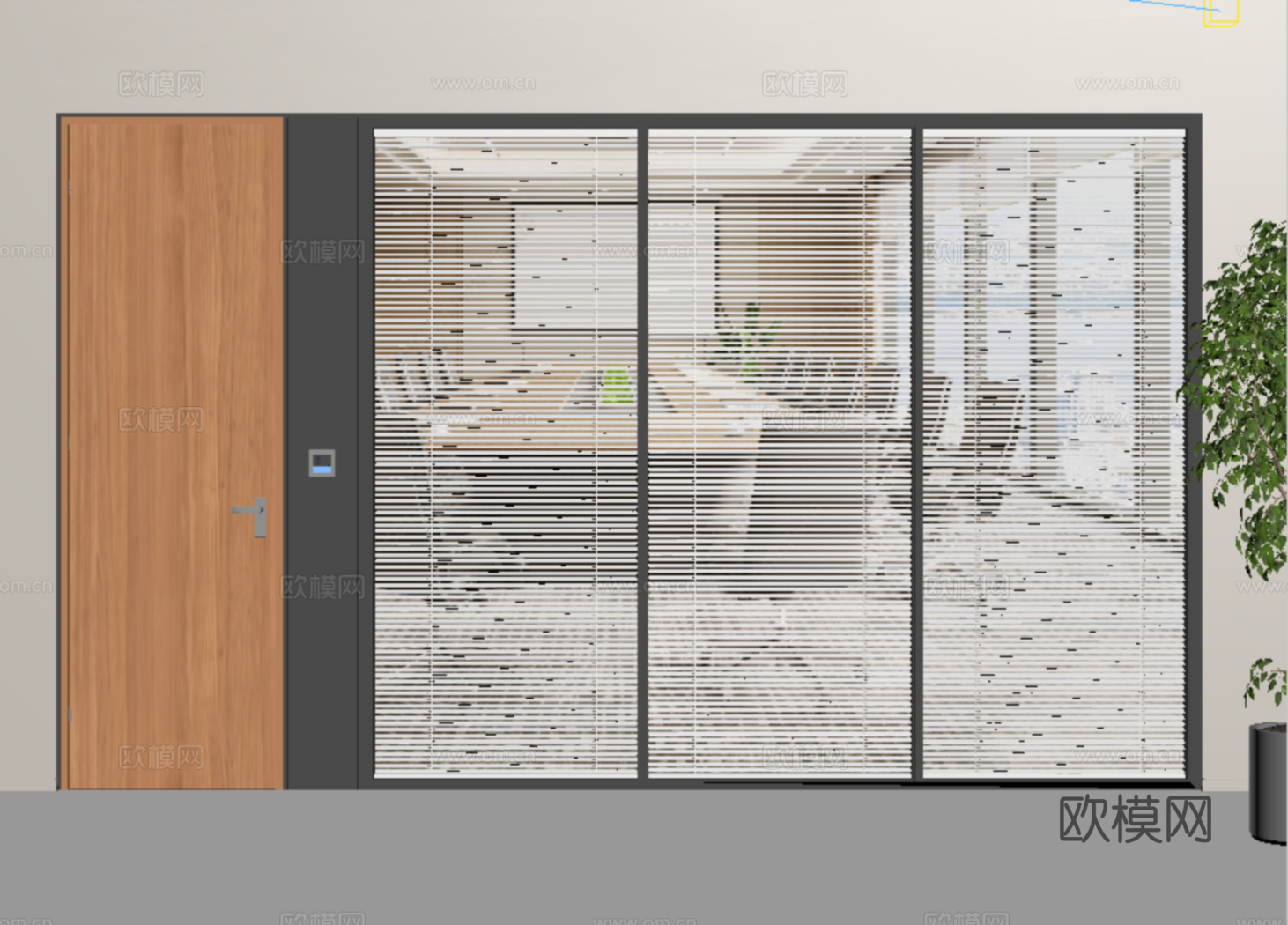 现代玻璃单开门 办公室玻璃隔断 玻璃夹层百叶帘su模型