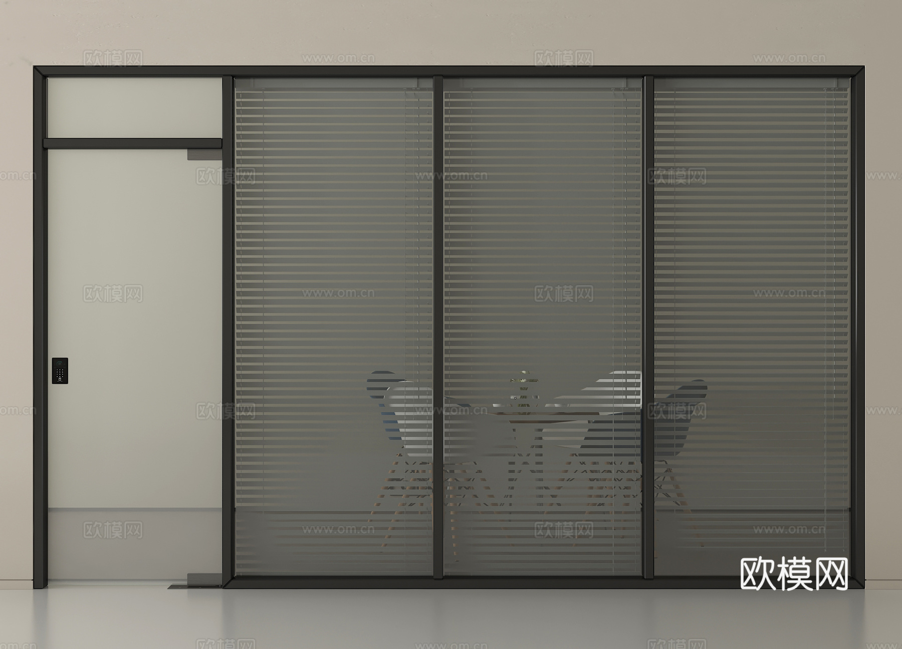 现代玻璃单开门 办公室玻璃隔断 玻璃夹层百叶帘su模型