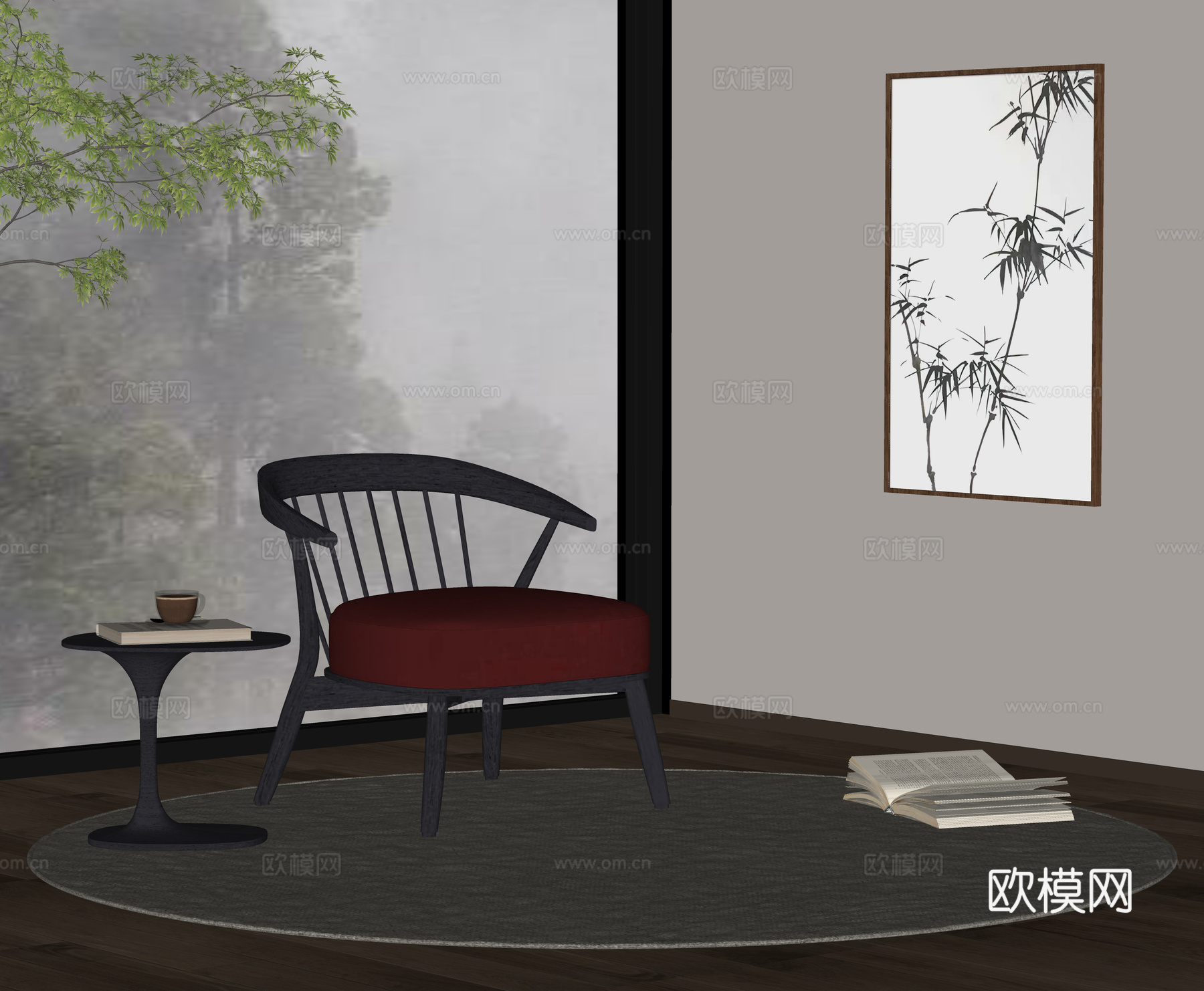 新中式休闲椅 实木休闲椅 装饰画 有扶手 落地灯su模型