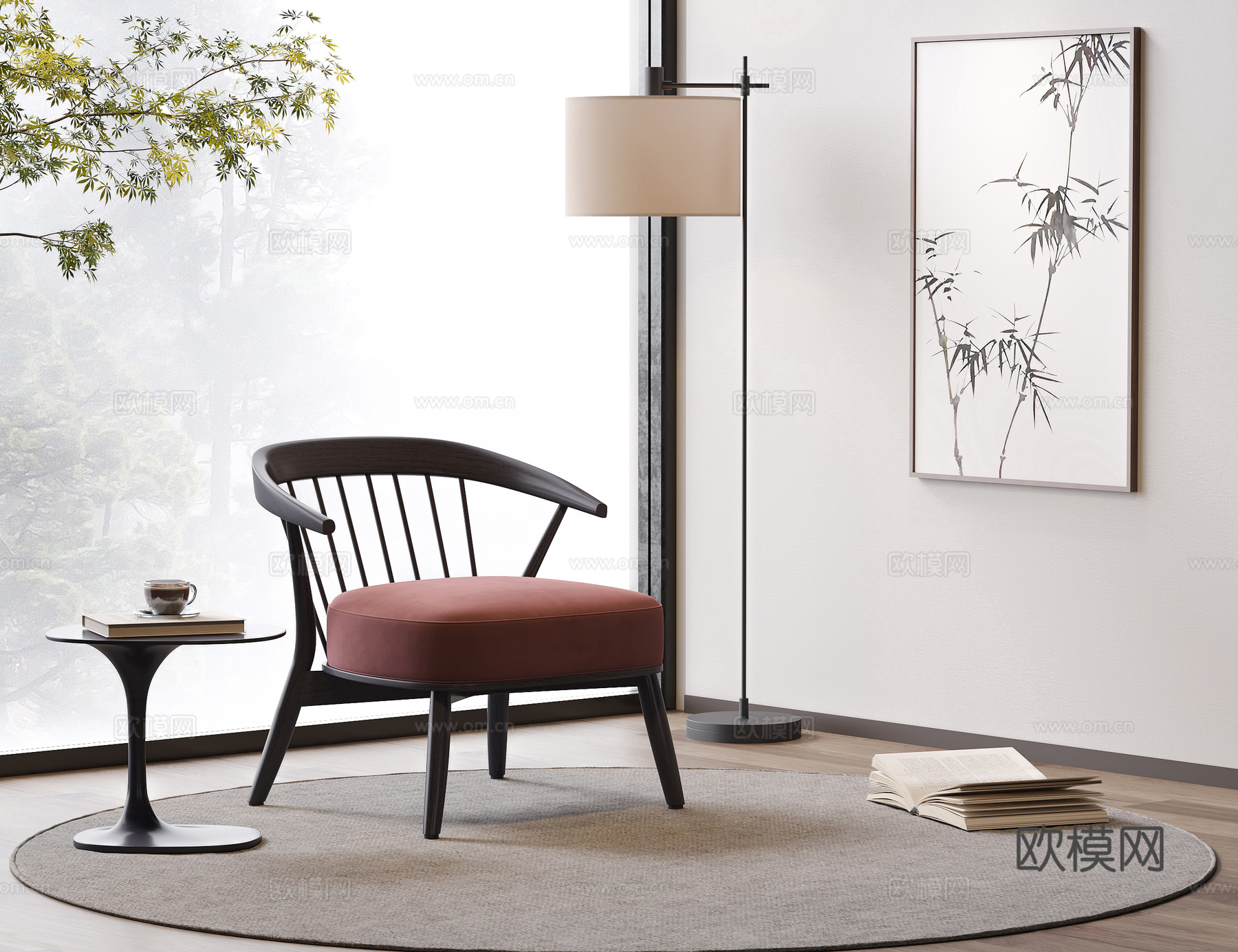 新中式休闲椅 实木休闲椅 装饰画 有扶手 落地灯su模型