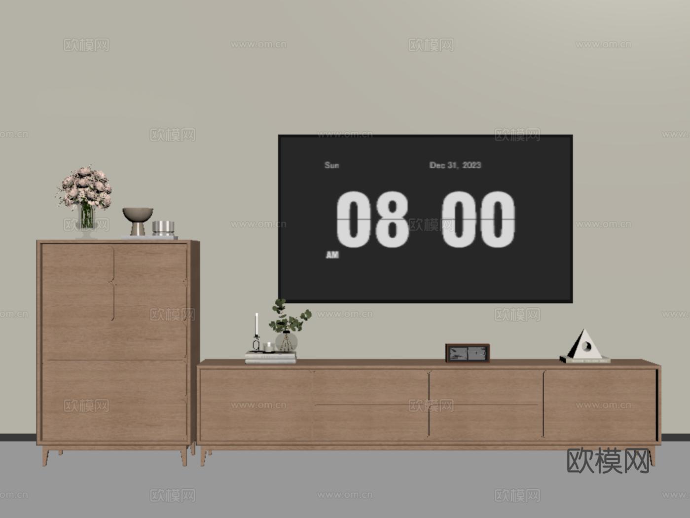 现代木纹电视柜 简约边柜 斗柜 矮柜 电视su模型